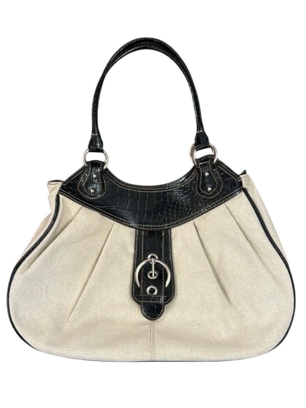 Nine West Y2K Style Woven Hobo Shoulder Bag Ivory Black Patent Large